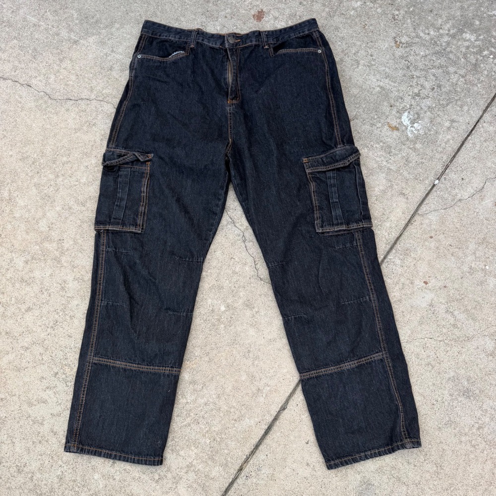 YeoKou Cargo Jeans Mens 42 Black Denim Baggy Utility Workwear Streetwear